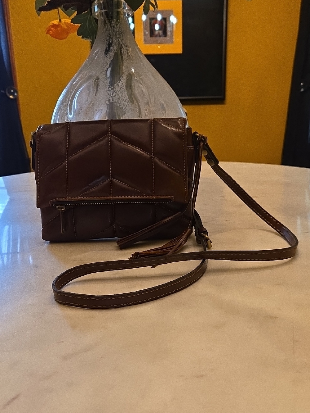 Patricia Nash Quilted Brown Leather Crossbody with Tassel Zip